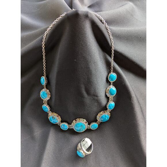 925 Turquoise & Multi-Gem Necklace & Turquoise Cabochon Ring Sterling Sz 9.5 - Picture 1 of 12